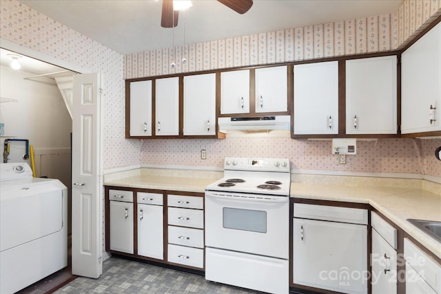 kitchen featuring white cabinets, ceiling fan, washer / dryer, and electric stove