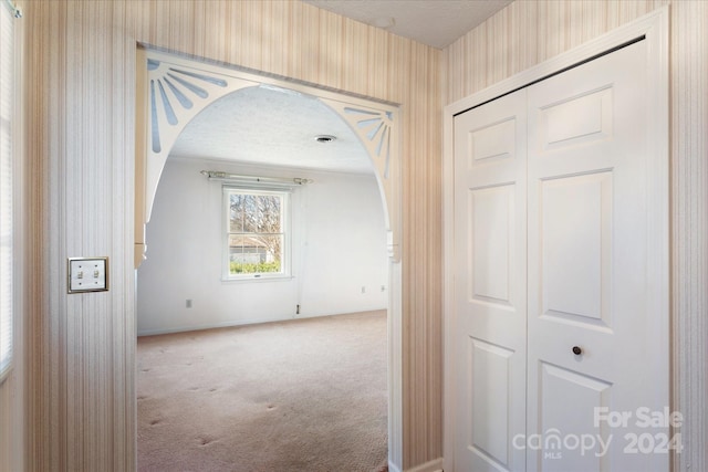 hall featuring a textured ceiling and carpet floors