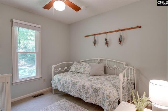 bedroom featuring carpet, visible vents, baseboards, and multiple windows