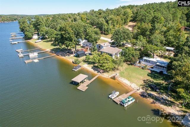 birds eye view of property with a water view and a view of trees