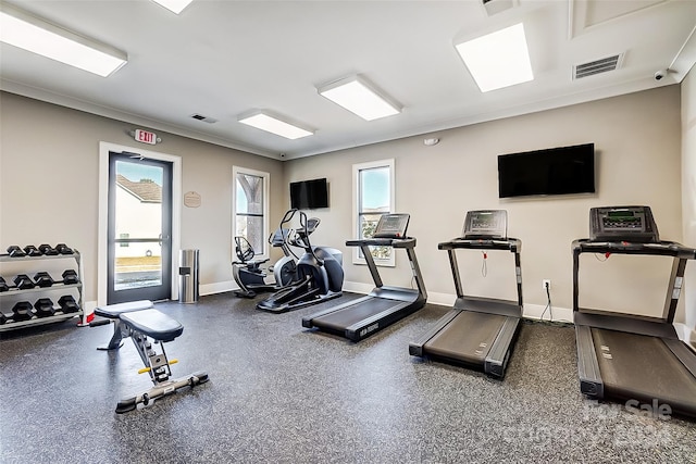 exercise room with crown molding