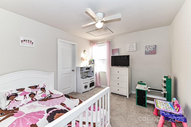 carpeted bedroom with ceiling fan