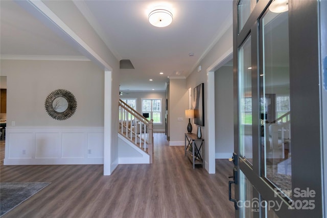 1875 Rock Hill Church Rd Unit 4, Matthews, NC 28104 - foyer entrance featuring wood finished floors, stairway, ornamental molding, and recessed lighting