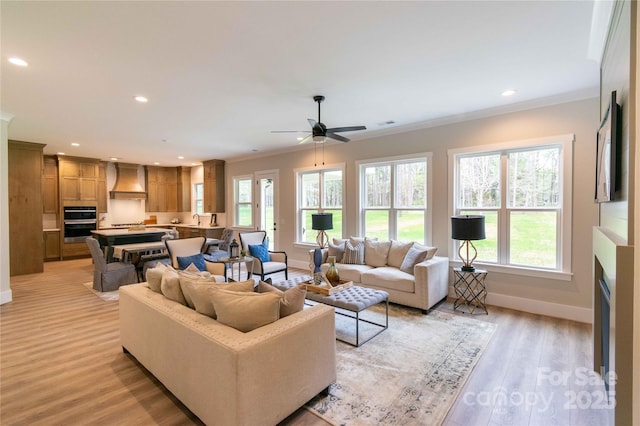 1875 Rock Hill Church Rd Unit 4, Matthews, NC 28104 - living room with plenty of natural light, crown molding, light wood finished floors, ceiling fan, and recessed lighting