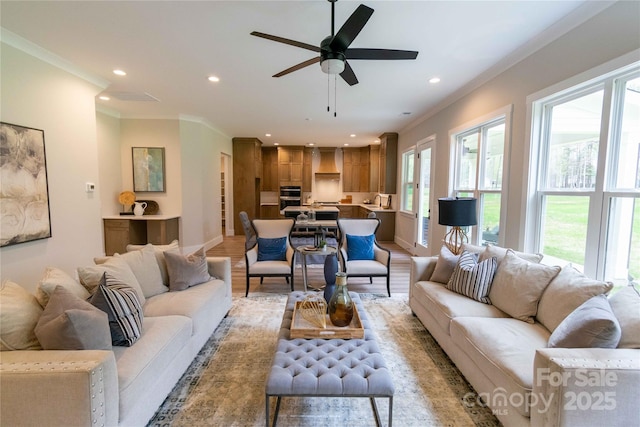 1875 Rock Hill Church Rd Unit 4, Matthews, NC 28104 - living area featuring crown molding, recessed lighting, ceiling fan, and light wood-type flooring