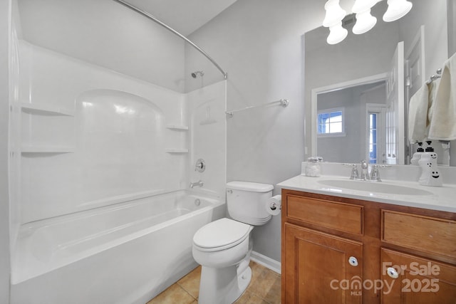 full bathroom featuring tile patterned floors, vanity, bathtub / shower combination, and toilet