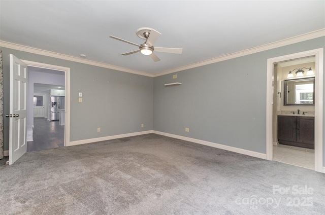 unfurnished bedroom with light carpet, ceiling fan, ornamental molding, and stainless steel fridge with ice dispenser