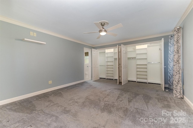 unfurnished bedroom featuring ceiling fan, ornamental molding, and carpet flooring