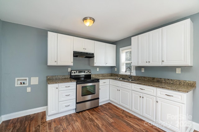 kitchen featuring under cabinet range hood, dark wood-style flooring, a sink, white cabinets, and stainless steel range with electric cooktop