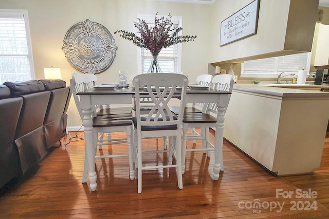 dining room with plenty of natural light, ornamental molding, dark hardwood / wood-style floors, and sink