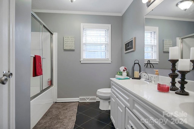 full bathroom featuring crown molding, plenty of natural light, vanity, and tile patterned flooring