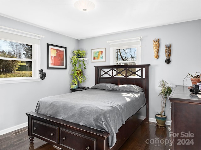 bedroom with dark hardwood / wood-style flooring and multiple windows