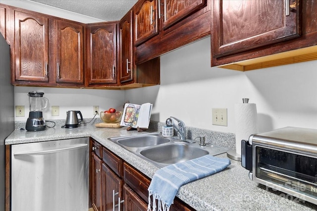 kitchen with dishwasher, a textured ceiling, ornamental molding, and sink