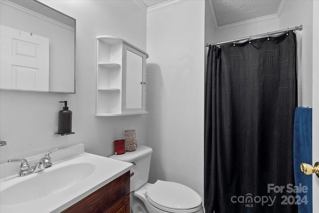 bathroom featuring vanity, a textured ceiling, toilet, and crown molding