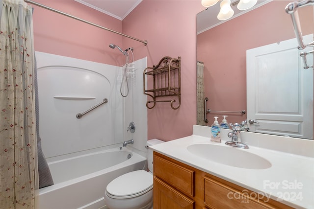 full bathroom with shower / bath combo, toilet, crown molding, and vanity