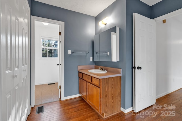 bathroom with vanity, wood-type flooring, and a textured ceiling