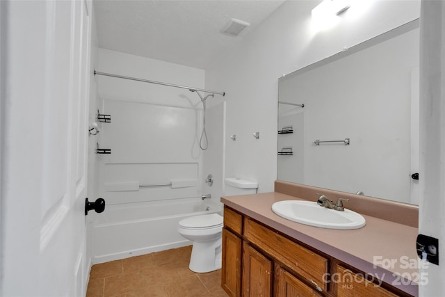 full bathroom with bathing tub / shower combination, tile patterned floors, vanity, and toilet