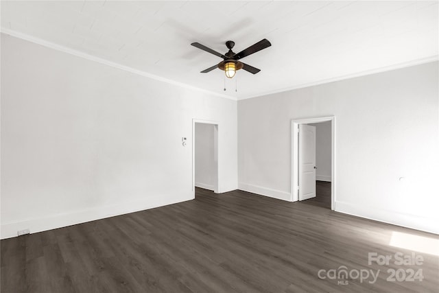 unfurnished room with dark hardwood / wood-style floors, ceiling fan, and crown molding