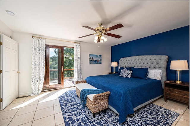 bedroom featuring access to exterior, ceiling fan, and light tile patterned floors