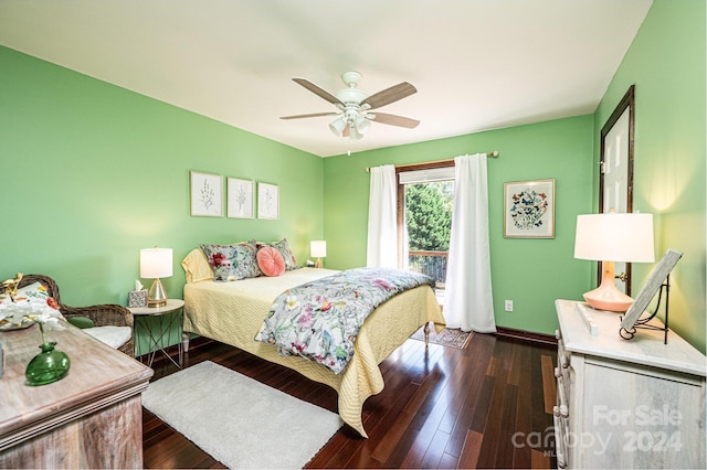 bedroom featuring dark hardwood / wood-style flooring and ceiling fan