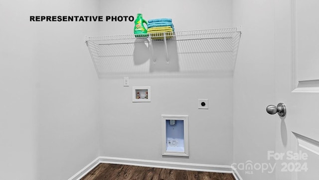 clothes washing area with dark hardwood / wood-style flooring, washer hookup, and hookup for an electric dryer