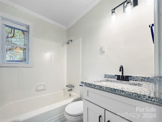 full bathroom featuring crown molding, vanity, shower / bathtub combination, and toilet