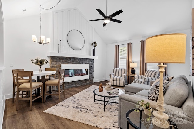 20 Heartleaf Cir Lot 7, Arden, NC 28704 - living area with a ceiling fan, a chandelier, wood finished floors, a stone fireplace, and high vaulted ceiling