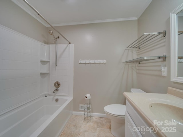 full bathroom with tile patterned floors, crown molding, toilet, shower / tub combination, and vanity