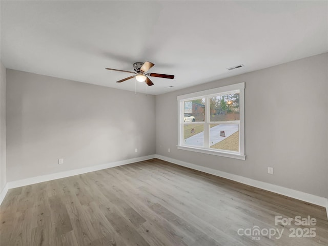 empty room featuring ceiling fan and light hardwood / wood-style floors