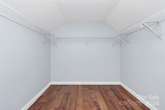 walk in closet with vaulted ceiling and hardwood / wood-style flooring