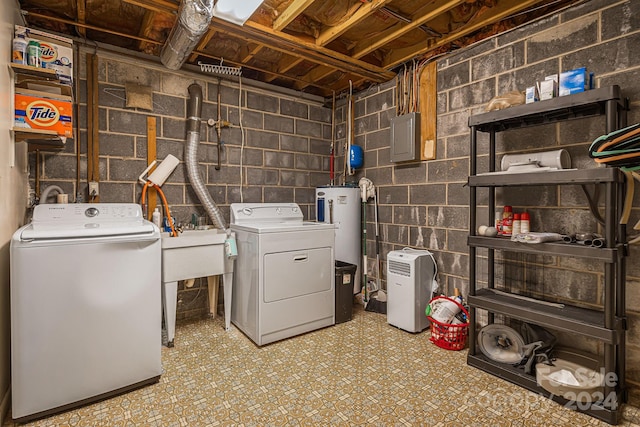 laundry room featuring washer and dryer, electric panel, and water heater