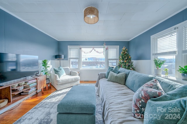 living room featuring hardwood / wood-style floors and ornamental molding