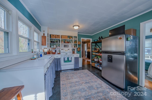 kitchen with sink, dark hardwood / wood-style floors, white range with electric stovetop, stainless steel fridge, and ornamental molding