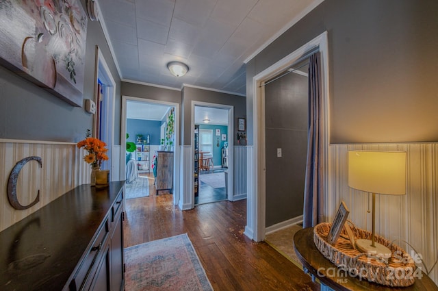 hallway with dark hardwood / wood-style floors and ornamental molding