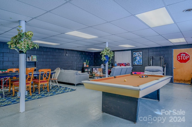 recreation room with a paneled ceiling and billiards