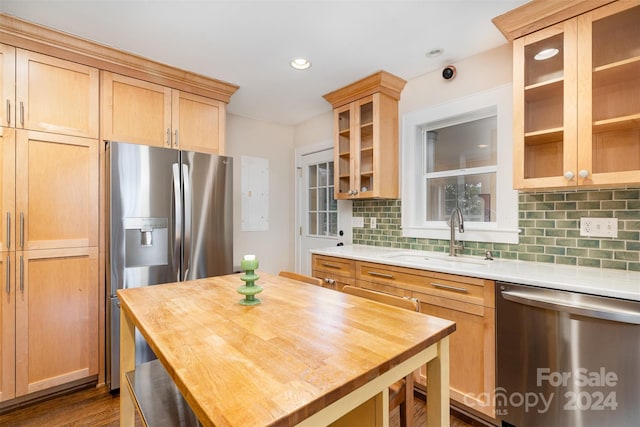 kitchen with sink, decorative backsplash, dark hardwood / wood-style floors, butcher block countertops, and stainless steel appliances