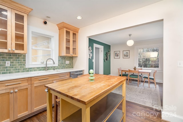 kitchen with backsplash, ornamental molding, dark wood-type flooring, sink, and light brown cabinets