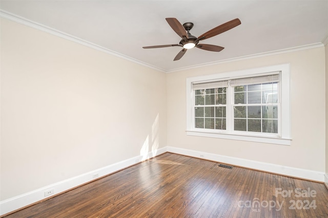 unfurnished room featuring wood-type flooring, ceiling fan, and crown molding