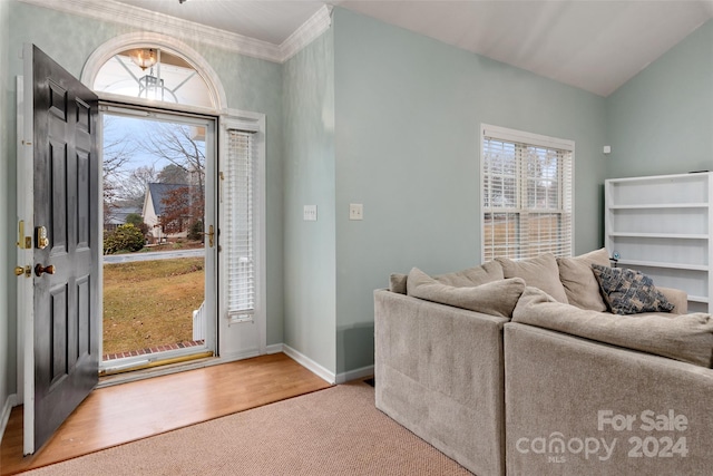 entrance foyer featuring ornamental molding, hardwood / wood-style flooring, plenty of natural light, and lofted ceiling