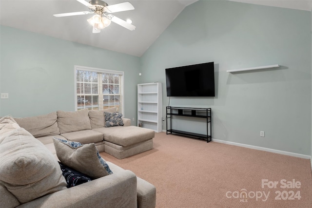 living room featuring carpet floors, high vaulted ceiling, and ceiling fan