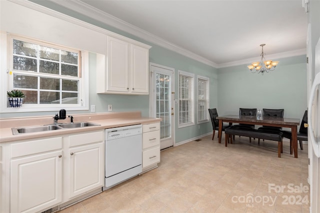 kitchen featuring pendant lighting, white dishwasher, white cabinetry, and sink