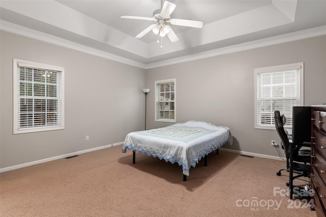 carpeted bedroom featuring a tray ceiling, multiple windows, crown molding, and ceiling fan