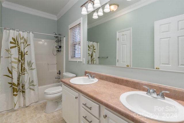 full bathroom featuring shower / bath combination with curtain, vanity, toilet, and ornamental molding