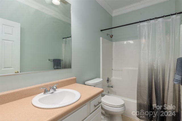 full bathroom with toilet, vanity, shower / tub combo, and ornamental molding