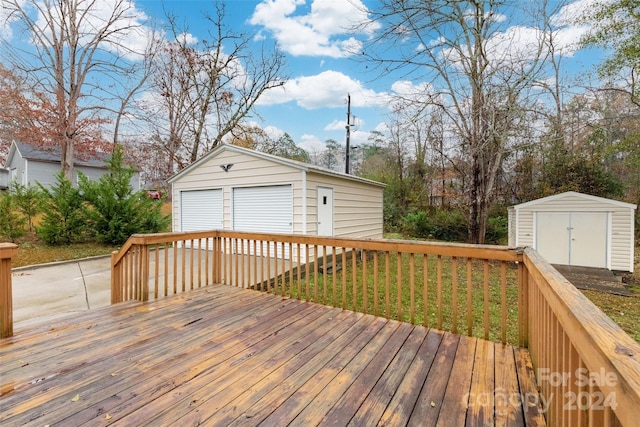 deck featuring a shed