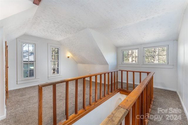 corridor featuring carpet, vaulted ceiling, and plenty of natural light