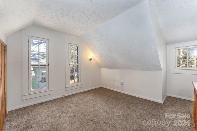 bonus room featuring carpet, a textured ceiling, and vaulted ceiling