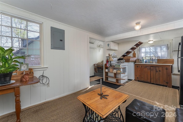 103 Pine St, Black Mountain, NC 28711 - carpeted living area with electric panel, ornamental molding, stairs, and a textured ceiling