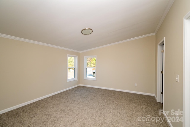 carpeted spare room with lofted ceiling and ornamental molding