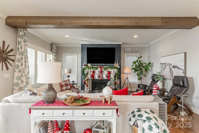 living room with a fireplace, ornamental molding, and wood-type flooring